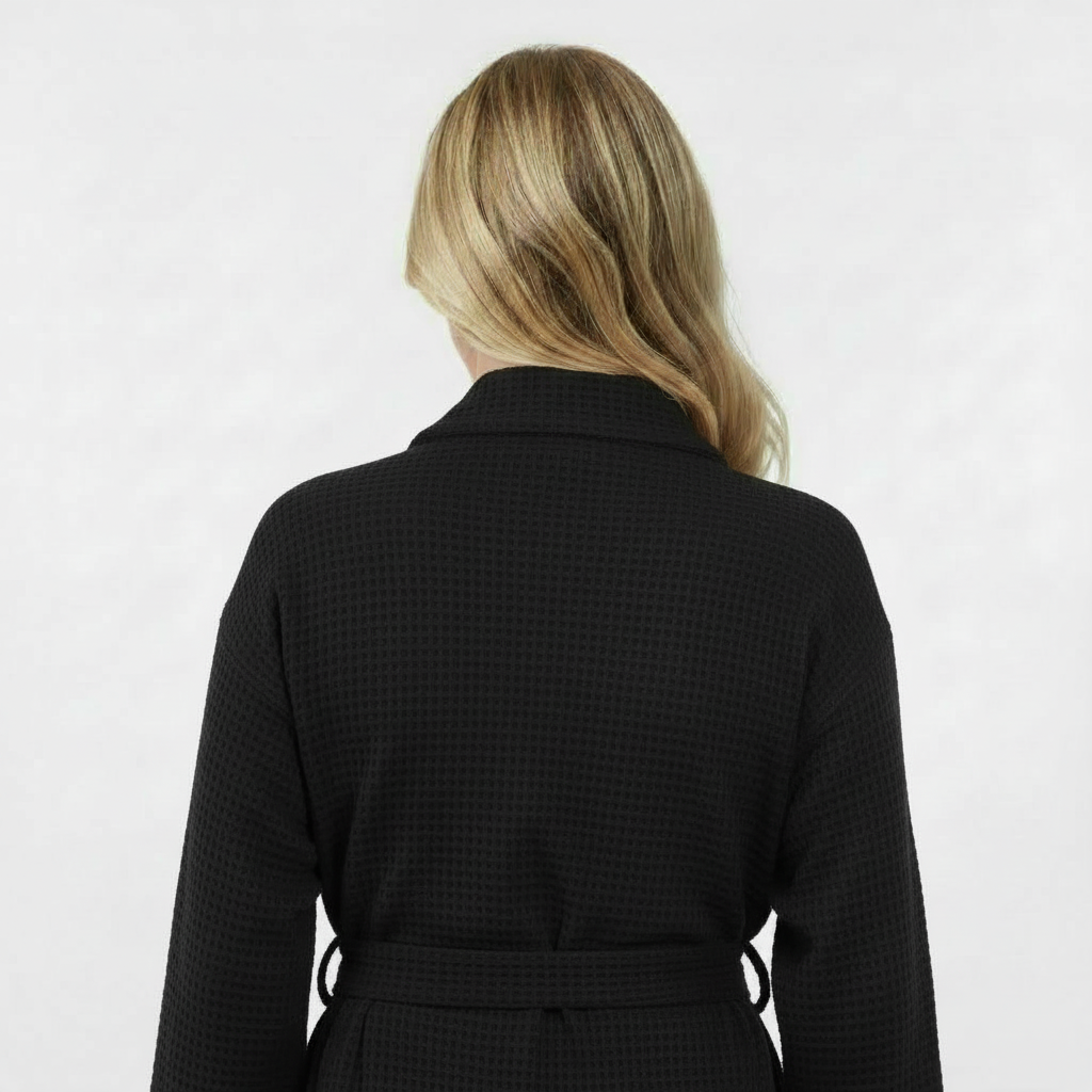 Black Lotus Linen women's waffle robe shown from the back, lightweight, quick-dry spa comfort robe with small size fit.