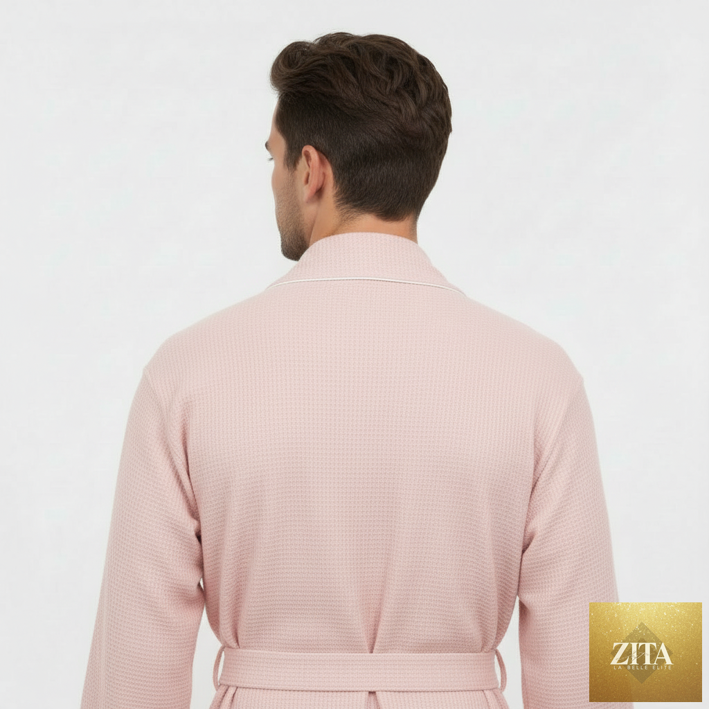 Back view of Lotus Linen men's premium waffle piping robe in blush, featuring small piping details and comfortable fit.