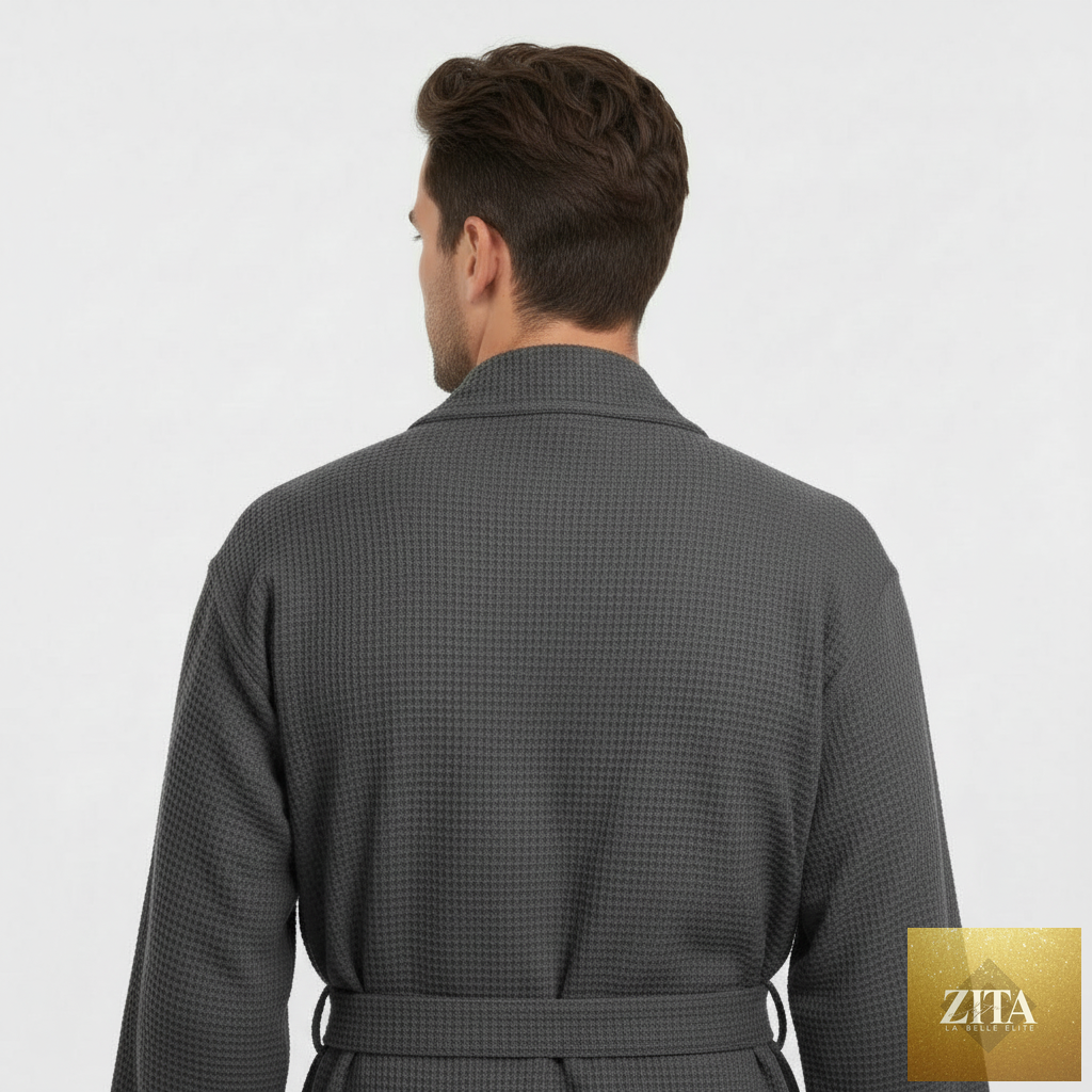Back view of Lotus Linen men's waffle spa bathrobe in charcoal, lightweight and absorbent, soft fabric for comfortable lounging.