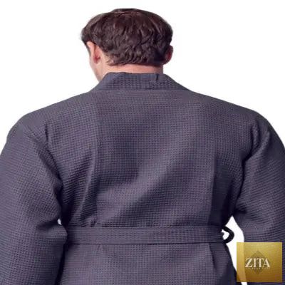 Back view of Lotus Linen men's waffle spa bathrobe in small charcoal, lightweight and absorbent for comfortable post-shower wear.