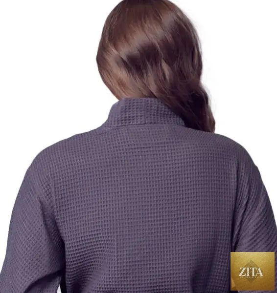 Back view of Lotus Linen women's knee-length dark grey waffle robe with kimono sleeves, small size, soft and cozy fabric.
