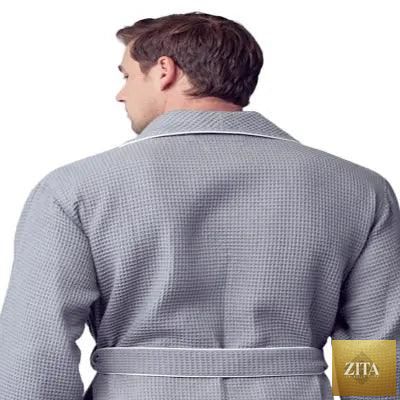 Gray men's waffle piping robe from Lotus Linen, shown from the back with small piping details and a comfortable fit.