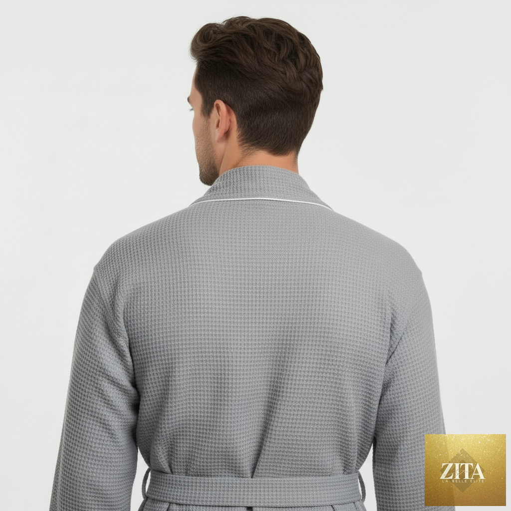 Gray men's waffle piping robe from Lotus Linen, back view showing small size and stylish piping details.