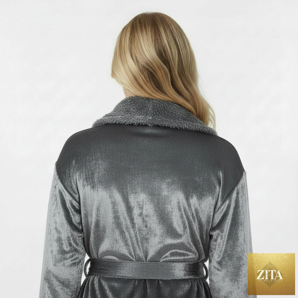 Back view of a small grey Lotus Linen women's ultra-soft plush fleece bathrobe, showcasing its cozy and comfortable fit.