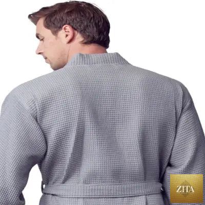 Grey Lotus Linen waffle spa bathrobe for men, lightweight and absorbent, shown from the back in this small image.