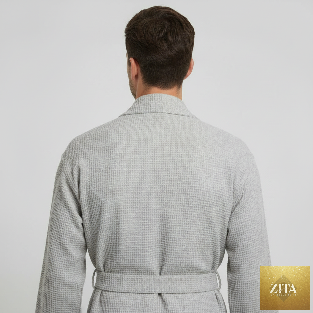 Small grey Lotus Linen waffle spa bathrobe for men, lightweight and absorbent, shown from the back.