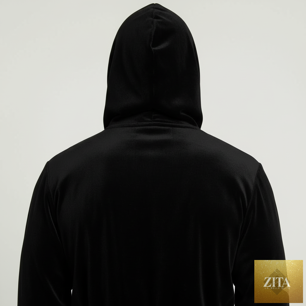 Men’s hooded plush robe by Lotus Linen, black and gray with a cozy back view, featuring a small hood for comfort.