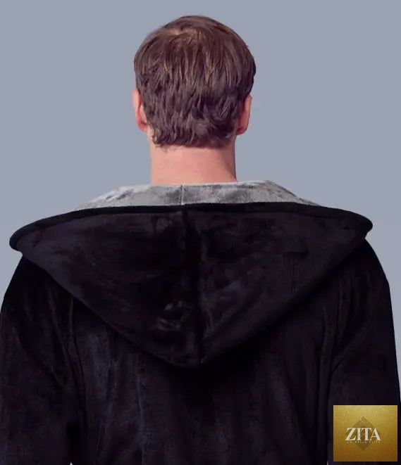 Black and gray men's hooded plush robe by Lotus Linen, showing the back with small hood and soft, comfortable fabric.
