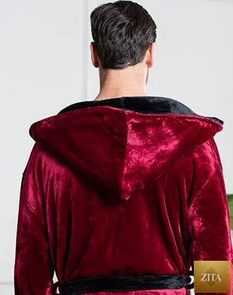 Back view of Lotus Linen men's burgundy and black hooded plush robe, showcasing its soft, cozy fabric and comfortable fit.