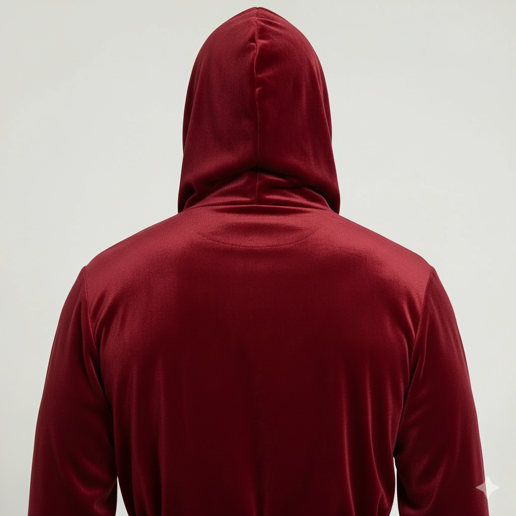 Back view of Lotus Linen men's hooded robe with plush burgundy and black fabric, showcasing the small hood and soft, comfortable material.