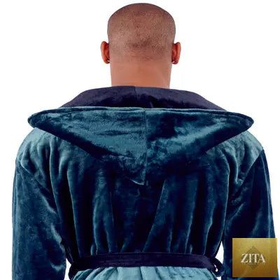 Green and black men's hooded plush robe by Lotus Linen, showing the back view with a small hood and soft, cozy fabric.