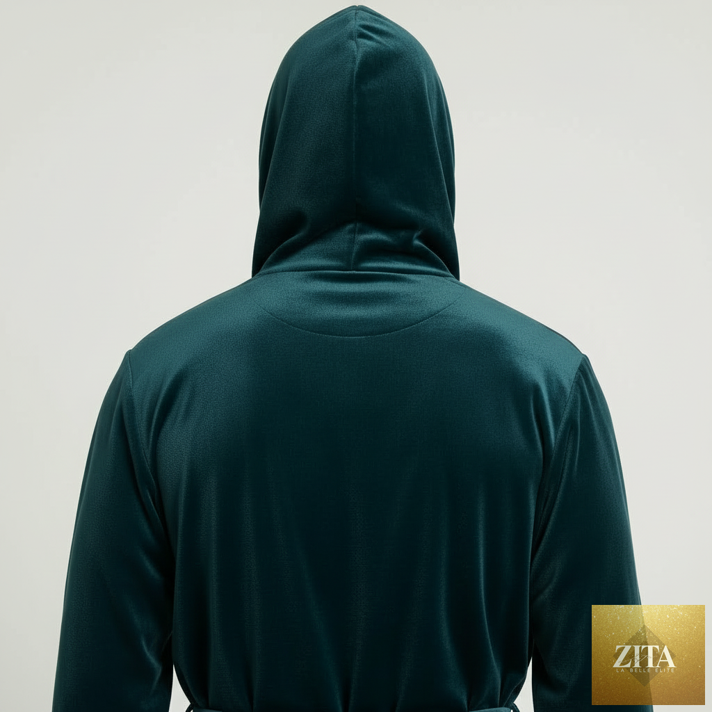 Green and black men's hooded plush robe by Lotus Linen, shown from the back with a small hood and soft, comfortable fabric.