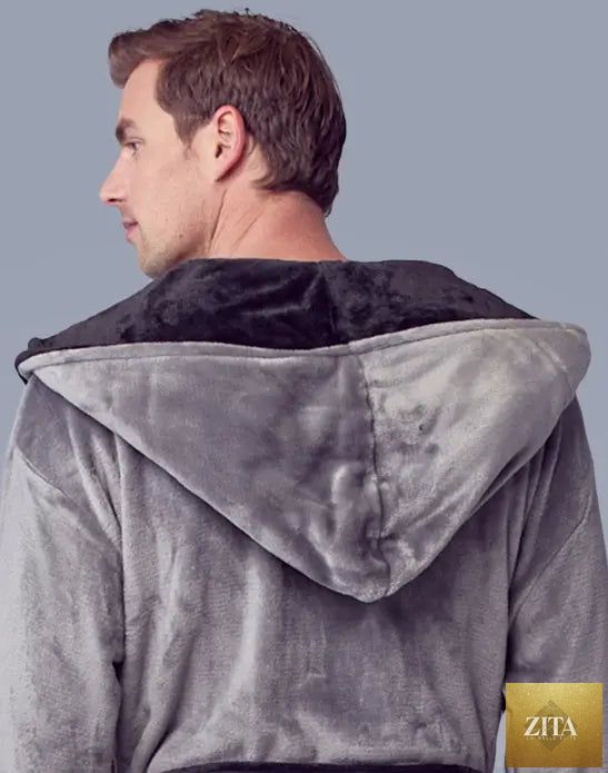 Grey and black men's hooded robe from Lotus Linen, featuring plush fabric and a comfortable fit, shown from the back.