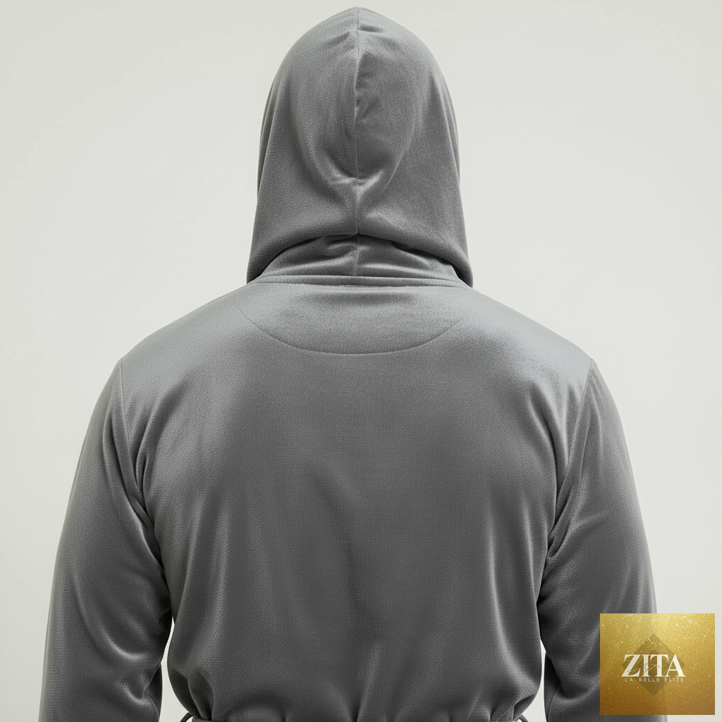 Back view of Lotus Linen men's hooded robe in grey-black plush fabric, showcasing its soft, cozy material and small hood design.