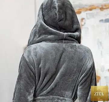 Gray women's plush hooded robe from Lotus Linen, featuring a cozy back view with small hood, ideal for spa-like comfort at home.