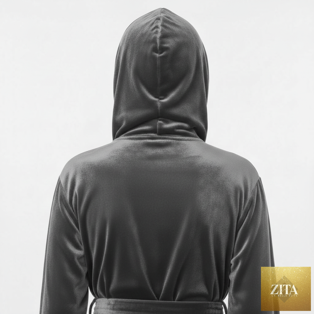 Gray plush women's hooded robe from Lotus Linen, showing the back with small hood and soft, cozy fabric for spa-like comfort.