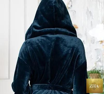 Navy women's plush hooded robe by Lotus Linen, back view showing soft fabric and cozy hood for spa-like comfort at home.