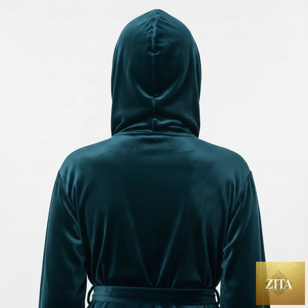 Navy women's plush hooded robe by Lotus Linen, showing the back view with small hood and soft, cozy fabric.