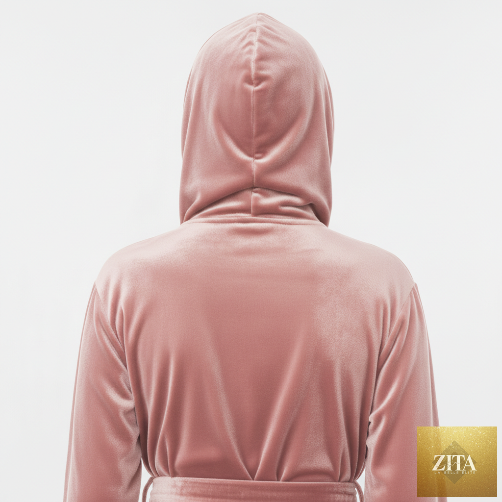 Pink plush hooded robe for women by Lotus Linen, shown from the back with a small hood and soft, cozy fabric.