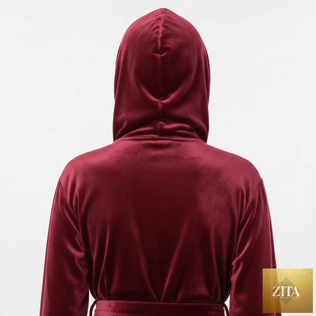 Women’s plush hooded robe by Lotus Linen, back view showing wine-red color and soft, cozy fabric for spa-worthy comfort at home.