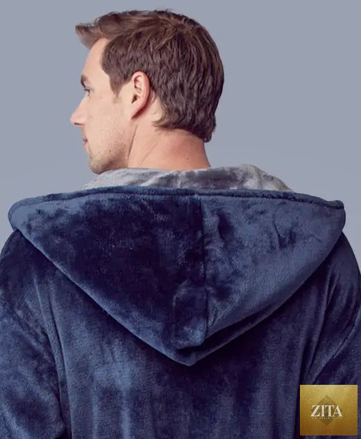 Back view of Lotus Linen men's hooded plush robe in navy dark grey, showcasing the small fit and ultra-soft fabric.