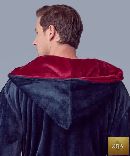 Navy and burgundy men's hooded plush robe from Lotus Linen, showcasing the back view with soft, cozy fabric.