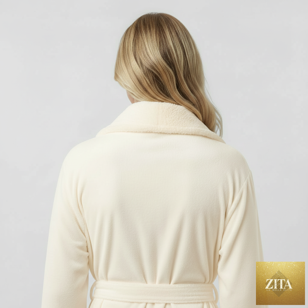 Back view of Lotus Linen women's ultra soft plush bathrobe, small size, natural color, showcasing cozy, plush fabric and relaxed fit.