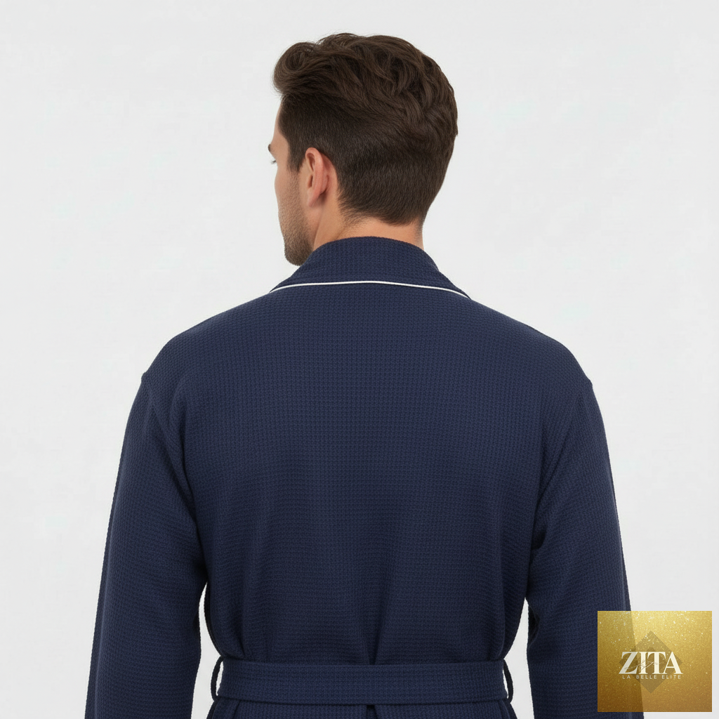 Back view of navy men's premium waffle piping robe by Lotus Linen, featuring contrasting piping details.