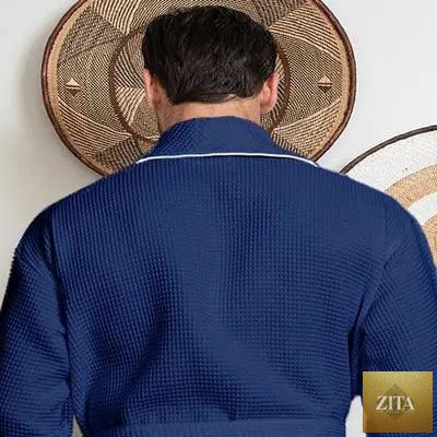 Back view of navy Lotus Linen men's waffle piping robe with small piping details, showcasing the cozy, textured fabric and relaxed fit.