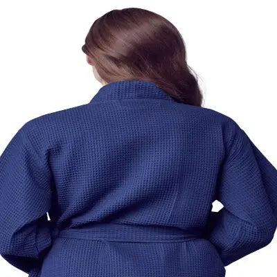 Navy lightweight women's waffle robe from Lotus Linen, shown from the back, with a small size and quick-dry spa comfort fabric.