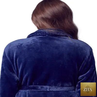 Navy women's ultra-soft plush bathrobe from Lotus Linen, showing the back view with small design details.