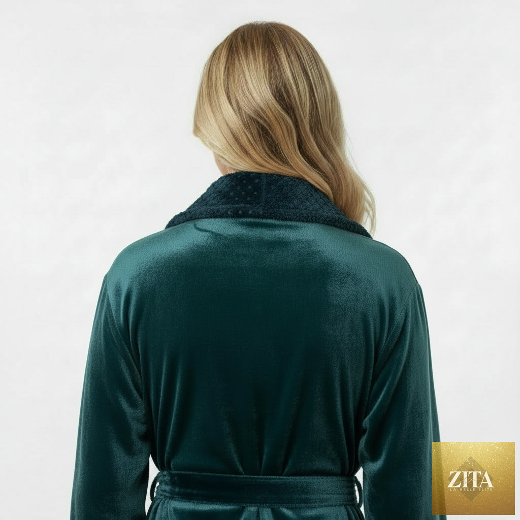 Navy women's ultra soft plush bathrobe from Lotus Linen, shown from the back with a small fit and cozy texture.