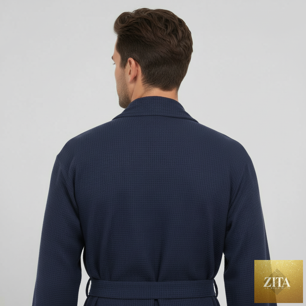 Navy blue men's waffle spa bathrobe by Lotus Linen, lightweight and absorbent, shown from the back with a small size fit.