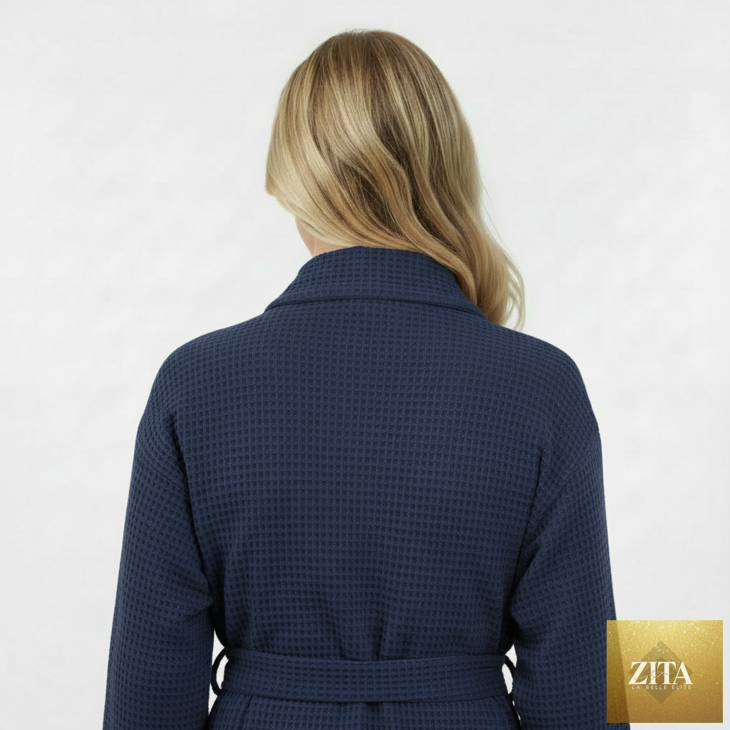 Navy knee-length waffle robe for women by Lotus Linen, shown from the back with a small fit and textured fabric.