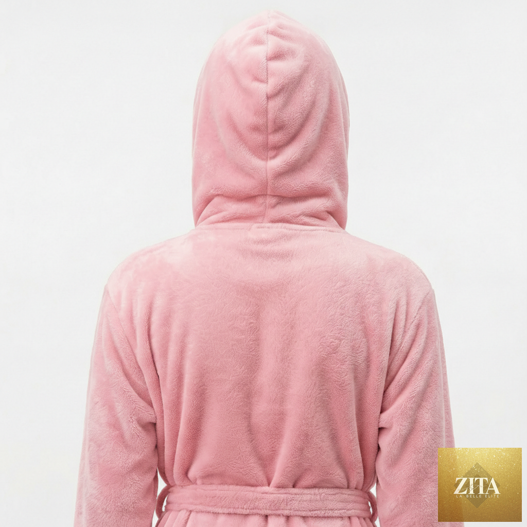 Pink women's plush hooded robe by Lotus Linen, soft and cozy for spa-style comfort at home, shown from the back.