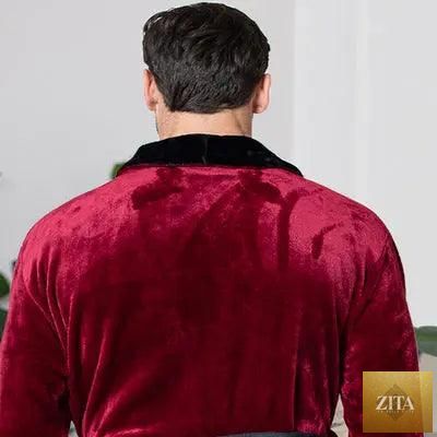 Back view of Lotus Linen cozy men's plush robe in burgundy and black, showcasing soft fabric and comfortable design.