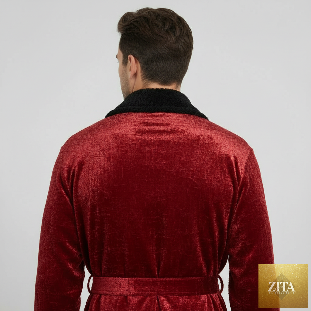 Back view of small burgundy and black Lotus Linen men's plush robe, showcasing its soft fabric and comfortable fit.