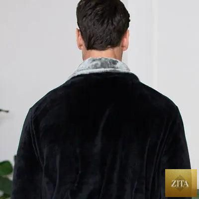 Back view of Lotus Linen cozy men's plush robe with small shawl collar in black and gray, highlighting soft fabric and comfortable fit.