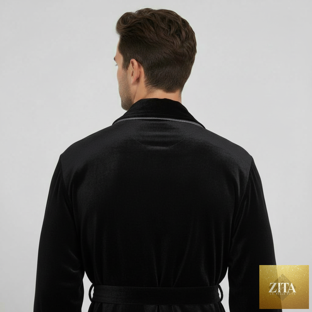 Back view of Lotus Linen men's plush robe in black and gray, showcasing its small shawl collar and soft, cozy fabric.