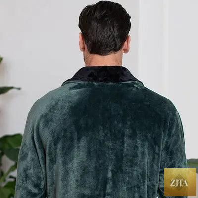 Green and black plush men's robe from Lotus Linen, shown from the back with a small shawl collar, designed for comfort and durability.