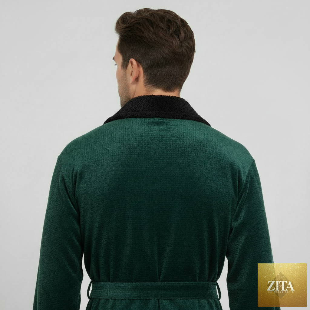 Green and black plush men's robe by Lotus Linen, showing the back with a small shawl collar and soft, cozy fabric.
