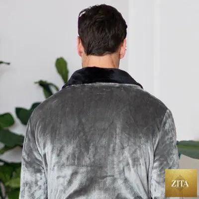 Gray and black plush men's robe by Lotus Linen, showing the back view with a small shawl collar and soft, cozy fabric.