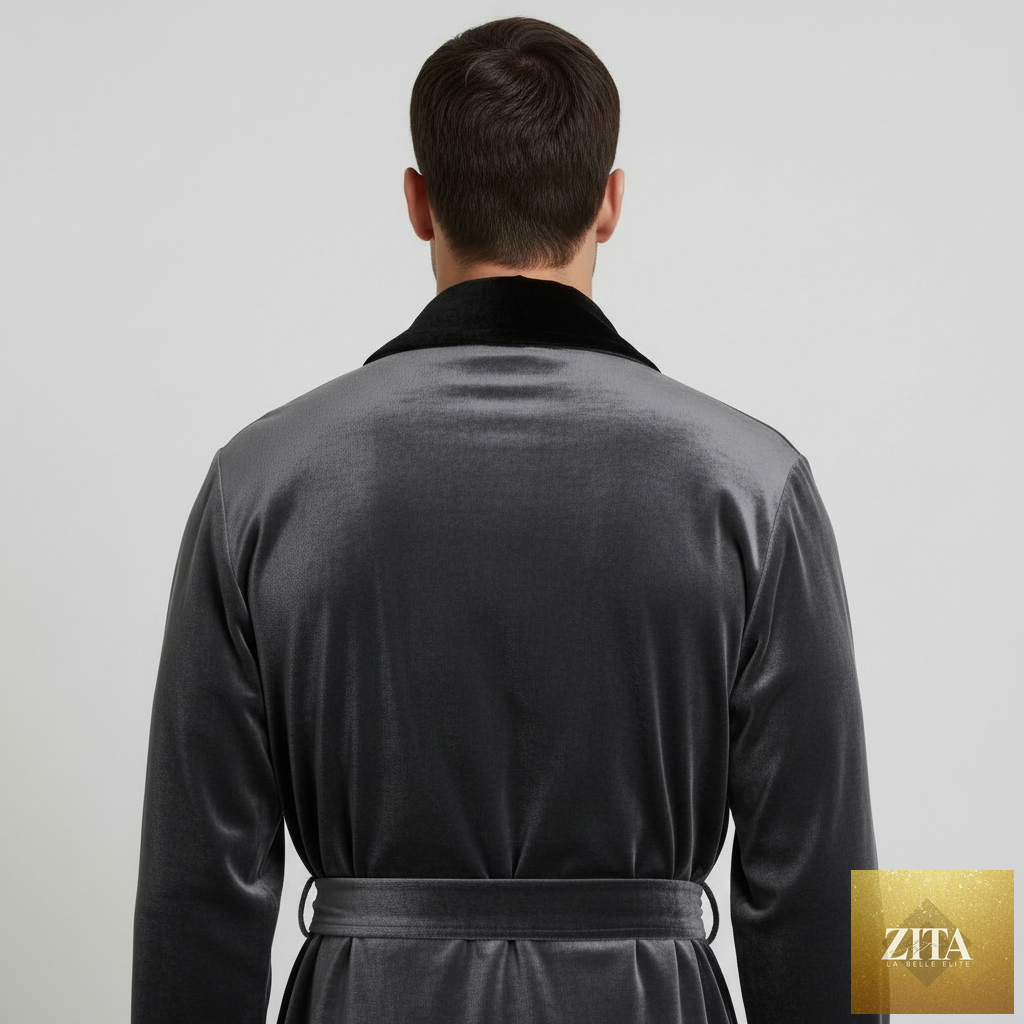 Back view of Lotus Linen men's plush robe in grey and black, showcasing soft fabric and shawl collar for cozy comfort.