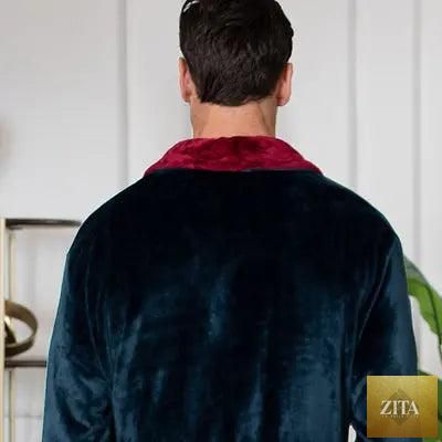 Navy and burgundy plush men's robe with shawl collar, soft interior, and relaxed fit, by Lotus Linen.