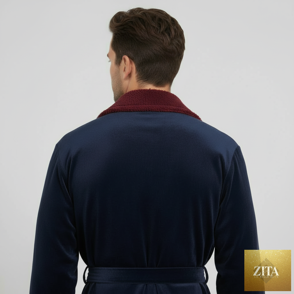 Navy and burgundy plush men's robe with small shawl collar, back view showcasing soft, cozy fabric and relaxed fit by Lotus Linen.
