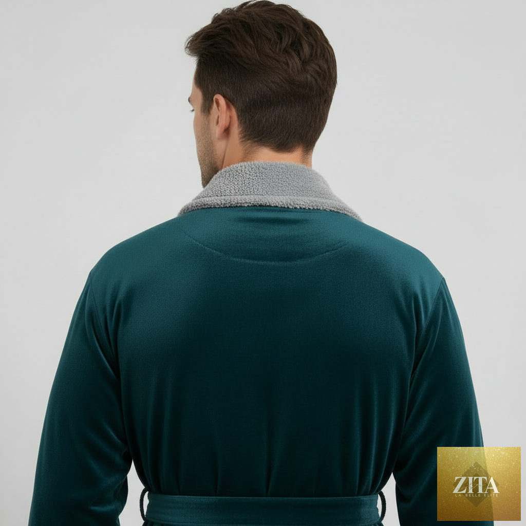 Navy dark gray men's plush robe with shawl collar from Lotus Linen, shown from the back, emphasizing soft, cozy fabric.