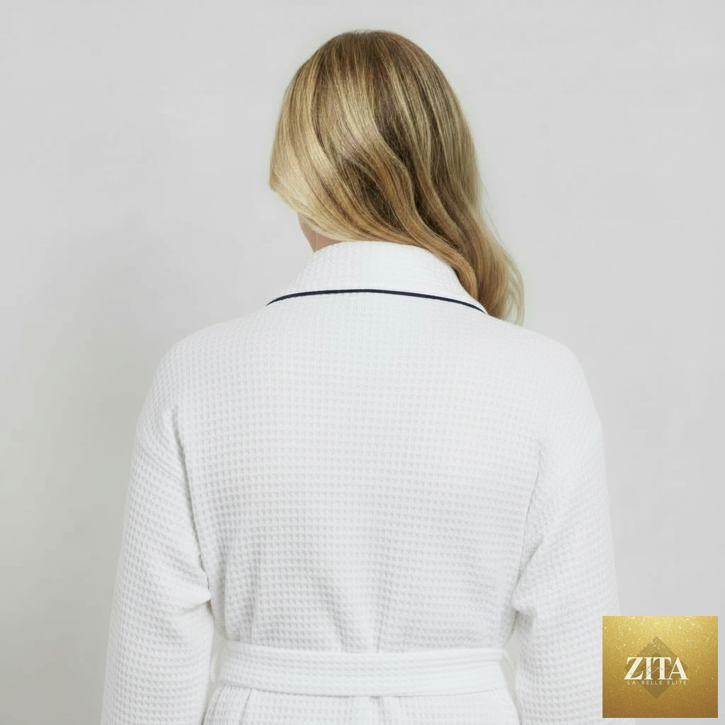 Back view of small white women's waffle piping bathrobe by Lotus Linen, lightweight spa-style robe with piping details.