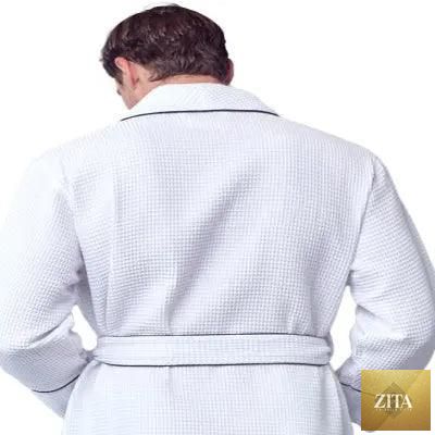 Back view of Lotus Linen men's white waffle piping robe showing small size and piping details on the hem and cuffs.