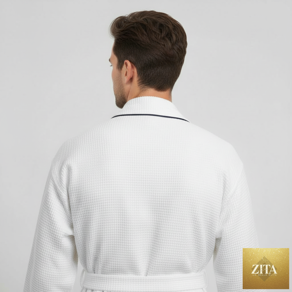 Small white Lotus Linen waffle spa bathrobe for men, lightweight and absorbent, shown from the back side.