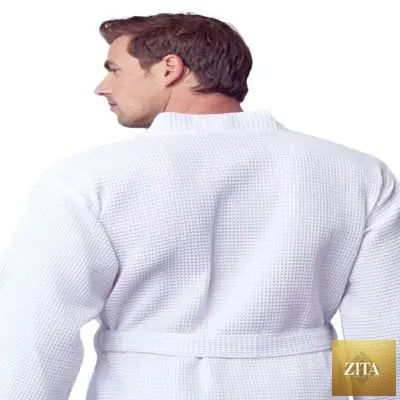 White Lotus Linen waffle spa bathrobe for men, lightweight and absorbent, shown from the back with a small size fit.